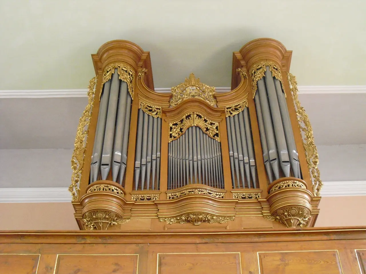 Das prächtige Gehäuse der Orgel bildet eine besondere Zierde des Kirchenraumes. Die originalen Prospektpfeifen sind glücklicherweise erhalten geblieben. Zusammen mit den Windladen und dem teilweise erhaltenen Pfeifenwerk sind etwa 70 – 75% der Orgel noch aus der Erbauungszeit vorhanden. 